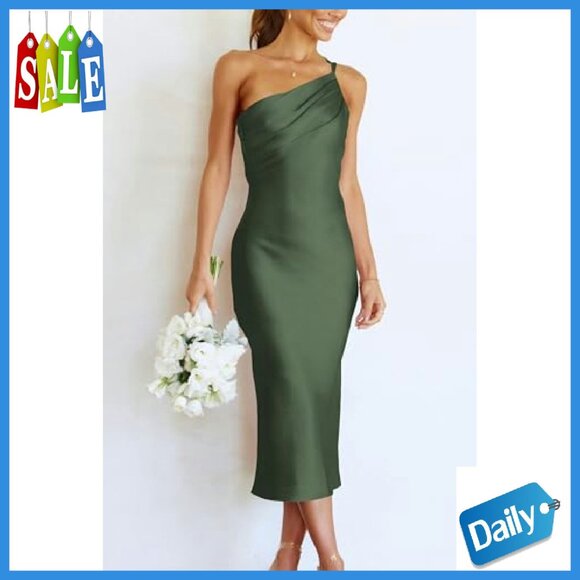 One Shoulder Satin Midi Dress Backless Bodycon Formal Summer - Picture 6 of 8